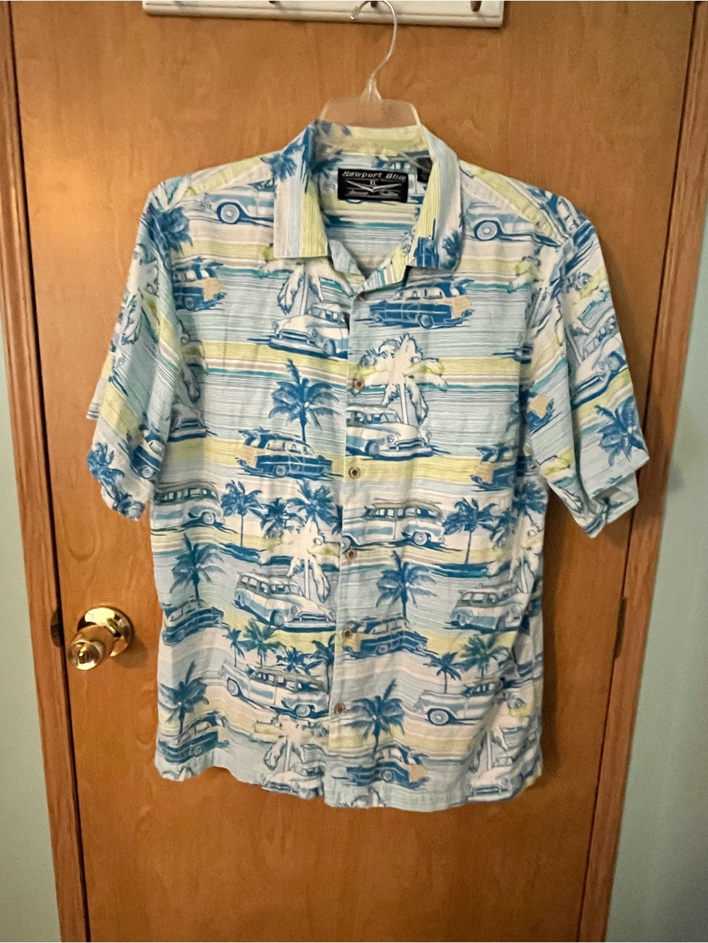 Newport Blue & Yellow Vintage Surf Cars Palms Short-Sleeve Shirt SZ XL  EUC